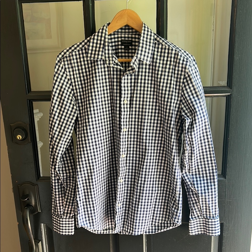 J Crew boys, size 16 blue and white checked button down shirt